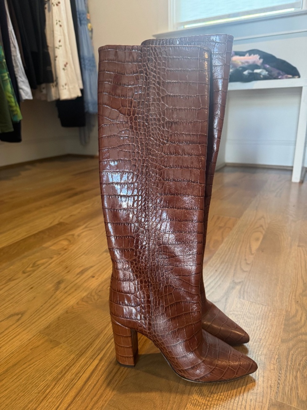 Paris Texas Brown Knee High Croc Embossed Leather Boots Size 37